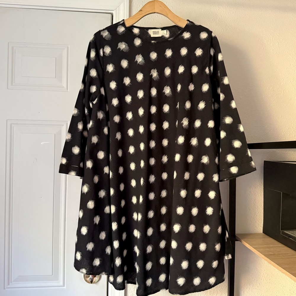 NORBLACK NORWHITE dot tribal print boat neck long sleeve lagenlook‎ mini dress